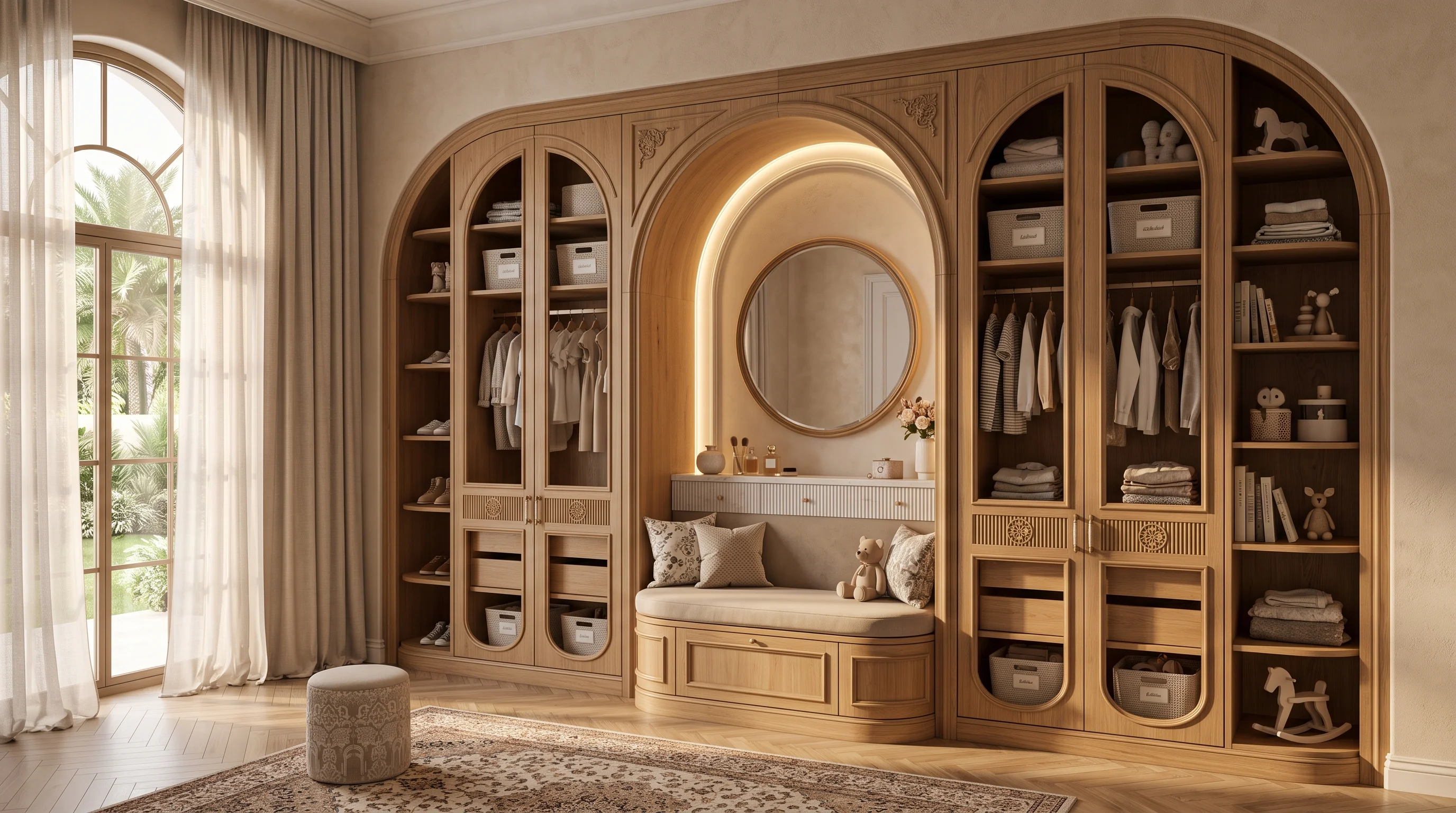 Low-reach self-dress wardrobe with soft-closing drawers in Al Waab residence